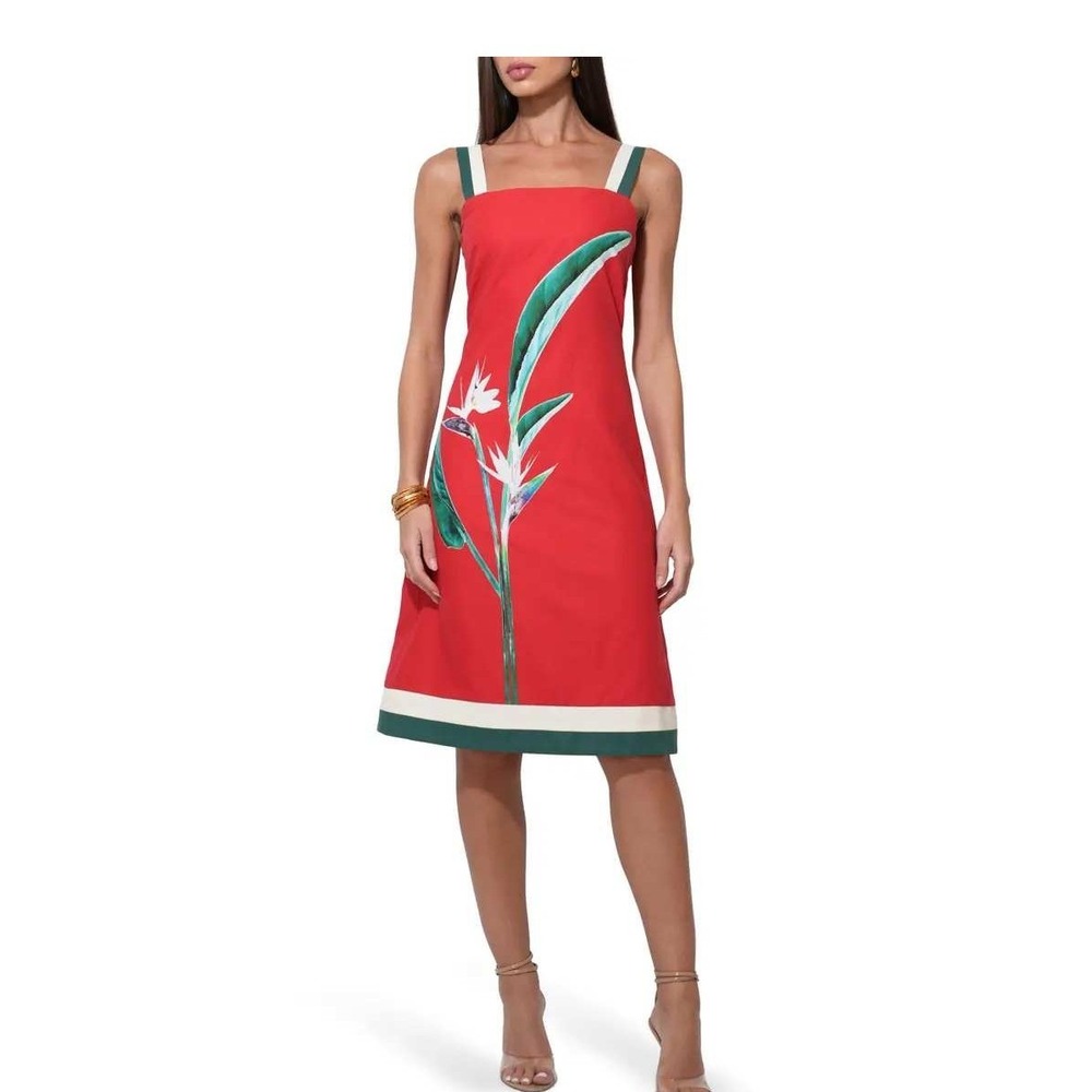 Adelyn Rae Red Bird of‎ Paradise Floral Linen Blend Midi Dress Small F256D6405